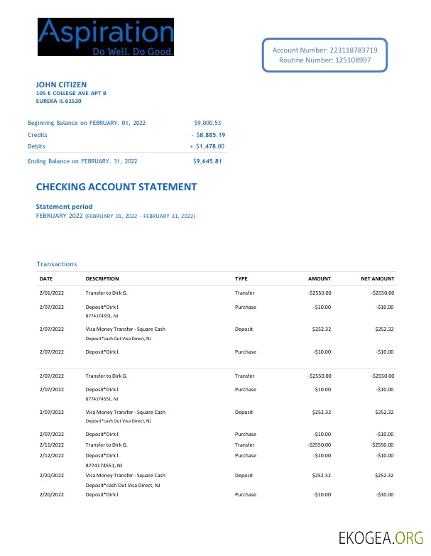 Modèle Word et PDF de relevé bancaire USA Aspiration, 2 pages